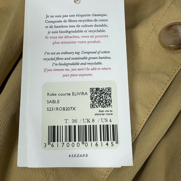 Sezane Elivira Wrap Dress Size 36 / US 4 NWT Long Sleeve Tan Sand Pockets Belted - Picture 9 of 13